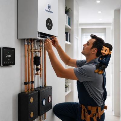 Heizung installateur mit Meister Ibo MiniMe auf der Schulter